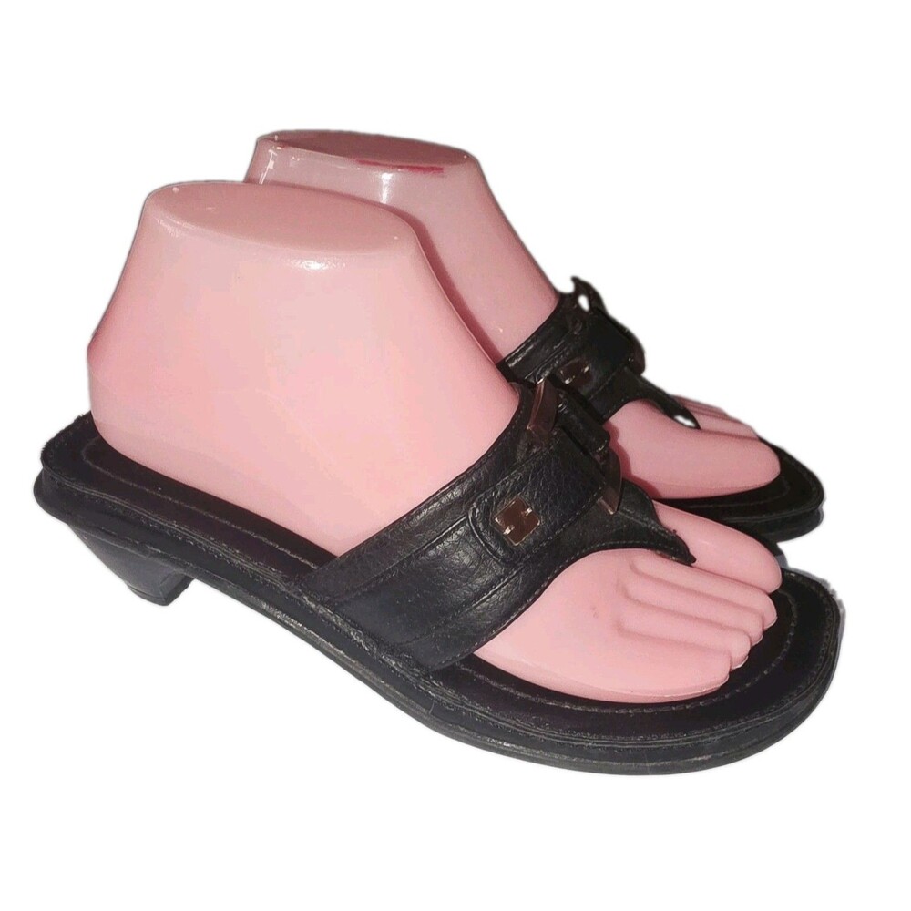 RAMPAGE DELIA Sz 7 Blk Faux Leather Y2K Mule Flip Flop Style Slide Heel Sandals
